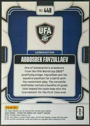Back of 2026 Panini Prizm FIFA Soccer Cards ABBOSBEK FAYZULLAEV #448 Rookie Card, upright portrait-format card back. A white and gray geometric border surrounds a dark blue rounded panel. The top center shows “NO. 448.” A centered…