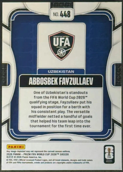 Back of 2026 Panini Prizm FIFA Soccer Cards ABBOSBEK FAYZULLAEV #448 Rookie Card, upright portrait-format card back. A white and gray geometric border surrounds a dark blue rounded panel. The top center shows “NO. 448.” A centered…