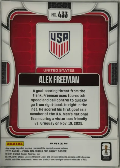Back of 2026 Panini Prizm FIFA Soccer Cards Alex Freeman #433 Prizm (refractor), portrait-oriented card back. Card number appears in a small white rounded box at the top center. A USA shield occupies the upper middle above a red…