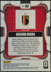 Back of 2026 Panini Prizm FIFA Soccer Cards AMADOU ONANA #163, upright portrait-oriented card back. A centered top label shows "NO. 163". The upper central white panel contains the Royal Belgian FA crest and a…