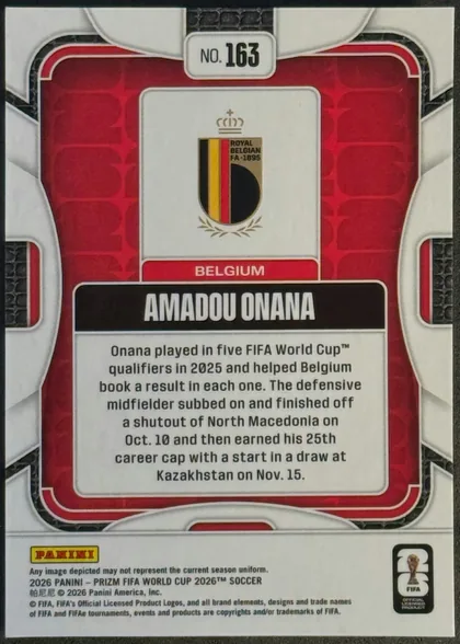 Back of 2026 Panini Prizm FIFA Soccer Cards AMADOU ONANA #163, upright portrait-oriented card back. A centered top label shows "NO. 163". The upper central white panel contains the Royal Belgian FA crest and a…