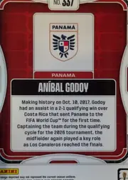 Back of 2026 Panini Prizm FIFA Soccer Cards Aníbal Godoy #337, back side of a portrait-oriented soccer card. A red patterned field is enclosed by white rounded border lines. The card number 'NO. 337' appears in…