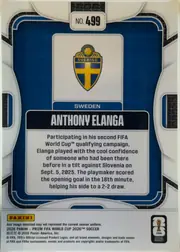 Back of 2026 Panini Prizm FIFA Soccer Cards Anthony Elanga #499, portrait-oriented card back. A dark blue background is bordered by a thick white rounded frame with blue and gold accents. At the upper center is a…