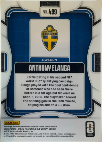 Back of 2026 Panini Prizm FIFA Soccer Cards Anthony Elanga #499, portrait-oriented card back. A dark blue background is bordered by a thick white rounded frame with blue and gold accents. At the upper center is a…