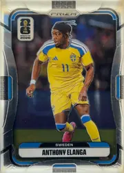 Front of 2026 Panini Prizm FIFA Soccer Cards Anthony Elanga #499, portrait-format soccer card front. A footballer in a yellow Sweden kit with blue accents is shown running against a dark stadium background. The…