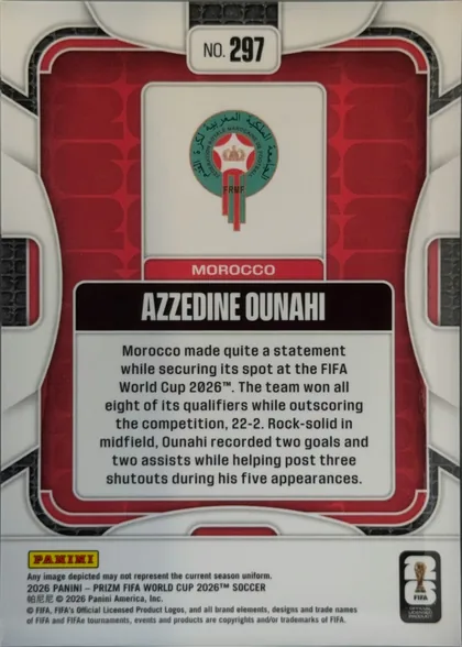 Back of 2026 Panini Prizm FIFA Soccer Cards Azzedine Ounahi #297, upright portrait-format card back. A large red patterned panel is surrounded by white and black geometric border elements. At the top center is a…
