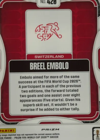 Back of 2026 Panini Prizm FIFA Soccer Cards Breel Embolo #420 Prizm refractor, back of a soccer trading card oriented upright. A red patterned field is framed by a white rounded border. Near the top center is a white box…