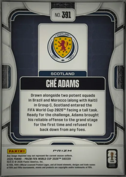 Back of 2026 Panini Prizm FIFA Soccer Cards CHÉ ADAMS #391, back of a vertical soccer card. Card number "NO. 391" appears in a white rounded rectangle at the upper center. A Scotland crest is centered in the…