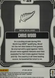 Back of 2026 Panini Prizm FIFA Soccer Cards Chris Wood #320 Prizm refractor (rainbow/holographic), back of a soccer card in portrait orientation. A black field with white rounded geometric border elements surrounds a central white panel. The upper…