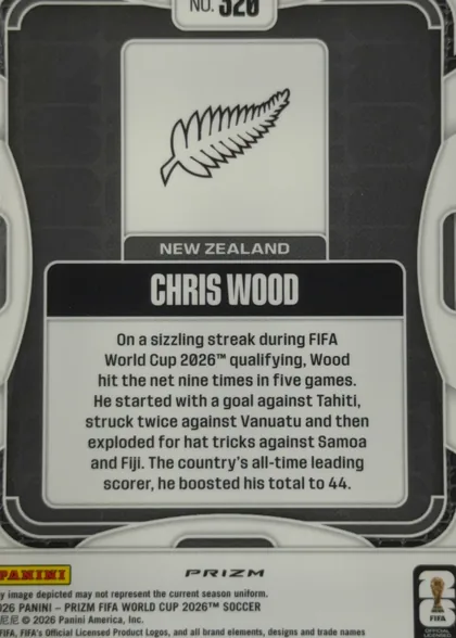 Back of 2026 Panini Prizm FIFA Soccer Cards Chris Wood #320 Prizm refractor (rainbow/holographic), back of a soccer card in portrait orientation. A black field with white rounded geometric border elements surrounds a central white panel. The upper…