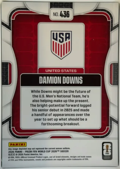 Back of 2026 Panini Prizm FIFA Soccer Cards Damion Downs #436, upright portrait-oriented card back. A red and black patterned central panel is surrounded by a white and black geometric frame. The top center has…