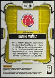 Back of 2026 Panini Prizm FIFA Soccer Cards Daniel Muñoz #180, portrait-oriented card back. The number “NO. 180” is centered near the top. A Colombia federation crest appears in a white panel above a yellow…