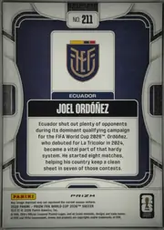 Back of 2026 Panini Prizm FIFA Soccer Cards JOEL ORDÓÑEZ #211, portrait-oriented card back. A dark navy central panel is surrounded by a white, gray, and black geometric border. The card number "NO. 211" appears…