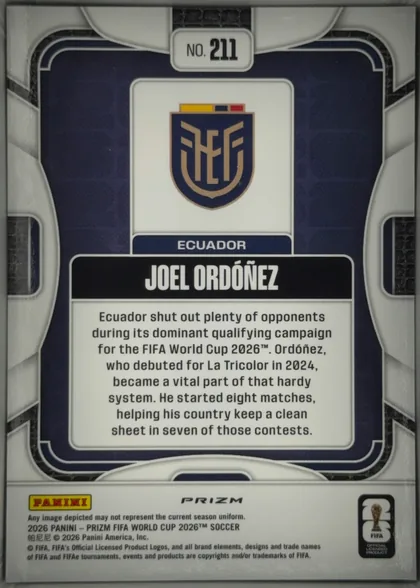 Back of 2026 Panini Prizm FIFA Soccer Cards JOEL ORDÓÑEZ #211, portrait-oriented card back. A dark navy central panel is surrounded by a white, gray, and black geometric border. The card number "NO. 211" appears…