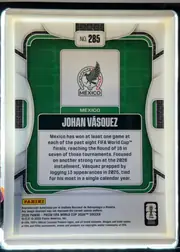Back of 2026 Panini Prizm FIFA Soccer Cards Johan Vásquez #285 Prizm (base refractor), back side, portrait orientation. Top center is a white tab reading 'NO. 285'. Below is a green textured field containing a white panel with the…