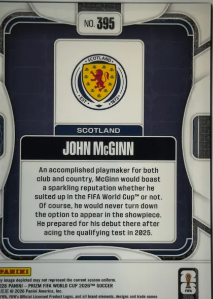 Back of 2026 Panini Prizm FIFA Soccer Cards John McGinn #395 Prizm, back of a portrait-oriented soccer card. A dark navy field is framed by white and silver ornamental curves and rounded borders. The card number “No…