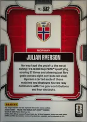Back of 2026 Panini Prizm FIFA Soccer Cards Julian Ryerson #332, upright portrait-format card back. A red patterned central panel is surrounded by white, gray, and black architectural borders. The card number "NO…