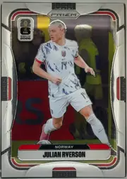 Front of 2026 Panini Prizm FIFA Soccer Cards Julian Ryerson #332, portrait soccer card front. A full-body action photograph of Julian Ryerson in a white Norway kit occupies the center. The upper-left area contains…
