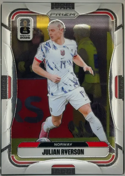Front of 2026 Panini Prizm FIFA Soccer Cards Julian Ryerson #332, portrait soccer card front. A full-body action photograph of Julian Ryerson in a white Norway kit occupies the center. The upper-left area contains…