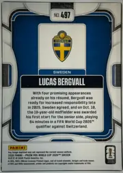 Back of 2026 Panini Prizm FIFA Soccer Cards Lucas Bergvall #497, upright portrait-oriented card back. A blue, white, and black geometric frame surrounds a central white panel. The Sweden crest appears near the…