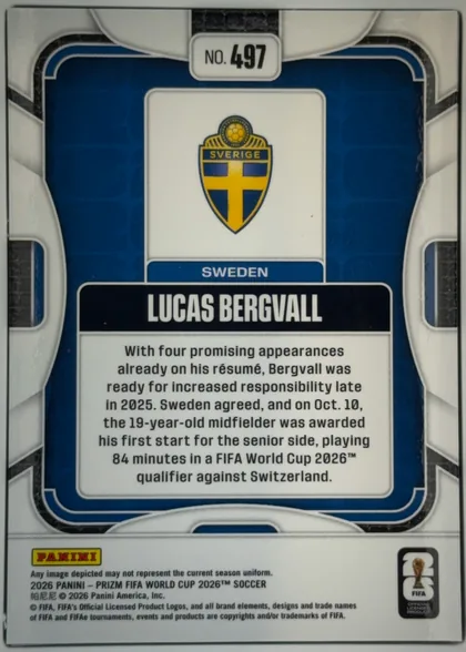 Back of 2026 Panini Prizm FIFA Soccer Cards Lucas Bergvall #497, upright portrait-oriented card back. A blue, white, and black geometric frame surrounds a central white panel. The Sweden crest appears near the…
