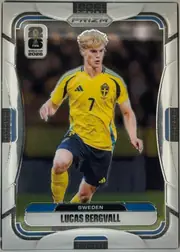 Front of 2026 Panini Prizm FIFA Soccer Cards Lucas Bergvall #497, portrait soccer card front. A full-body action photograph shows Lucas Bergvall in a yellow Sweden jersey with number 7. The FIFA World Cup 2026…