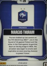 Back of 2026 Panini Prizm FIFA Soccer Cards Marcus Thuram #26, back side of a blue-and-white soccer card. A small white number panel at the top reads No. 26. The upper center contains the France FFF crest with…