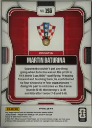 Back of 2026 Panini Prizm FIFA Soccer Cards Martin Baturina #193 Prizm, upright soccer trading-card back. A white and black geometric outer frame surrounds a red patterned panel. The upper center has a white number…