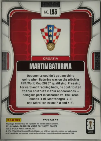 Back of 2026 Panini Prizm FIFA Soccer Cards Martin Baturina #193 Prizm, upright soccer trading-card back. A white and black geometric outer frame surrounds a red patterned panel. The upper center has a white number…