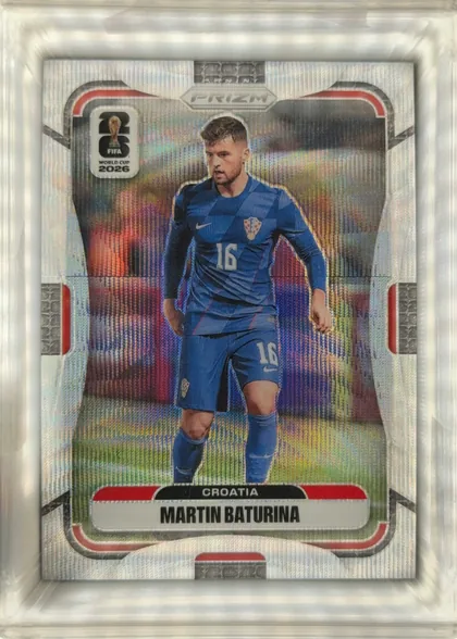 Front of 2026 Panini Prizm FIFA Soccer Cards Martin Baturina #193 Prizm, front of a soccer card. A full-body action photo of a male player in a blue Croatia kit (jersey and shorts numbered 16, blue socks) is centered…