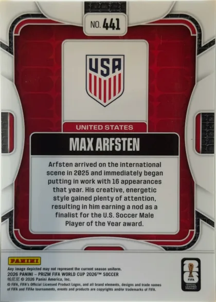 Back of 2026 Panini Prizm FIFA Soccer Cards Max Arfsten, back side in upright portrait orientation. A USA shield logo is centered near the top in a white panel. Below it is a red bar reading UNITED STATES…