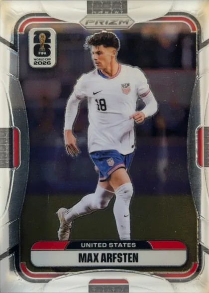 Front of 2026 Panini Prizm FIFA Soccer Cards Max Arfsten, upright portrait soccer card front. A full-body image of Max Arfsten running in a white United States soccer uniform occupies the center against a…