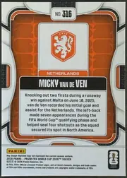 Back of 2026 Panini Prizm FIFA Soccer Cards Micky van de Ven #316, upright portrait-oriented card back. A white top label contains “No. 316.” The center features the Netherlands crest above an orange team label…