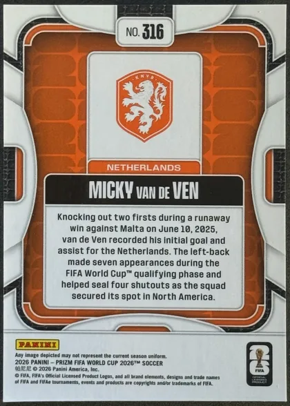 Back of 2026 Panini Prizm FIFA Soccer Cards Micky van de Ven #316, upright portrait-oriented card back. A white top label contains “No. 316.” The center features the Netherlands crest above an orange team label…