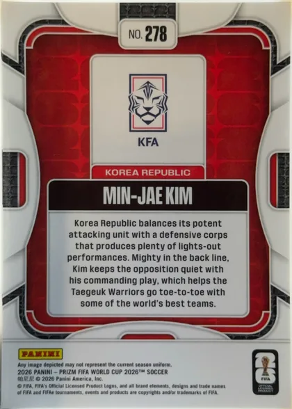 Back of 2026 Panini Prizm FIFA Soccer Cards MIN-JAE KIM #278, portrait-oriented card back with a large red patterned central panel, white and black ornamental framing, and a top-centered number plaque reading…
