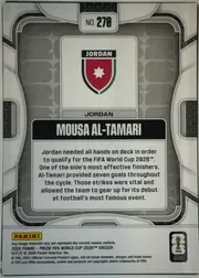 Back of 2026 Panini Prizm FIFA Soccer Cards Mousa Al-Tamari #270 Prizm, upright portrait-format card back. The top center has a white rounded label reading "NO. 270". A Jordan crest and the word "JORDAN" occupy the…