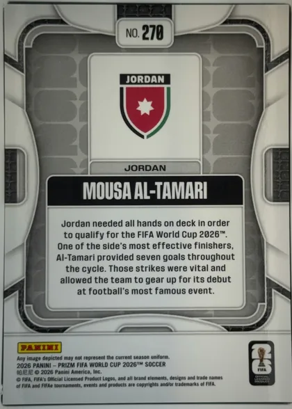 Back of 2026 Panini Prizm FIFA Soccer Cards Mousa Al-Tamari #270 Prizm, upright portrait-format card back. The top center has a white rounded label reading "NO. 270". A Jordan crest and the word "JORDAN" occupy the…