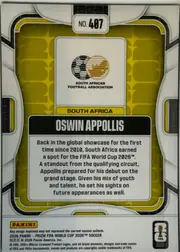 Back of 2026 Panini Prizm FIFA Soccer Cards Oswin Appollis #407 Prizm, back of a soccer card. A white faceted outer frame with black and yellow accent lines surrounds an olive-gold background printed with oversized…