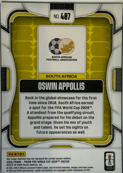 Back of 2026 Panini Prizm FIFA Soccer Cards Oswin Appollis #407 Prizm, back of a soccer card. A white faceted outer frame with black and yellow accent lines surrounds an olive-gold background printed with oversized…