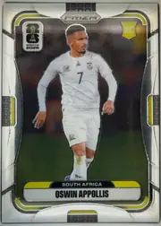 Front of 2026 Panini Prizm FIFA Soccer Cards Oswin Appollis #407 Prizm, front of a die-cut soccer card. A silver refractor frame with yellow inner accents surrounds a central photograph of a player in a white long-sleeve…