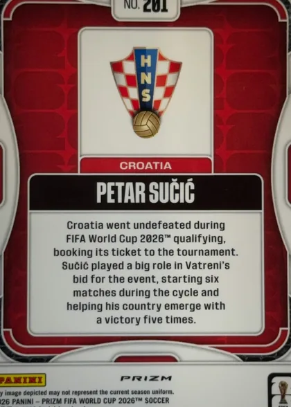 Back of 2026 Panini Prizm FIFA Soccer Cards Petar Sučić #201, back of a soccer card in upright portrait orientation. A red patterned field is enclosed by rounded white and gray borders. At the top center is a…