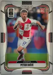 Front of 2026 Panini Prizm FIFA Soccer Cards Petar Sučić #201, portrait soccer card front. A Croatian player in a red-and-white Croatia uniform is shown running with a ball-free action pose. The top center has a…