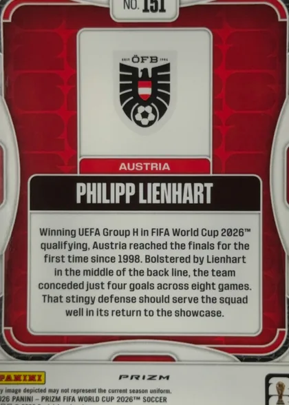 Back of 2026 Panini Prizm FIFA Soccer Cards Philipp Lienhart #151 Prizm, back of a portrait soccer card. Top center has a white rounded label reading 'NO. 151'. Below, a white panel displays the black-and-red ÖFB…