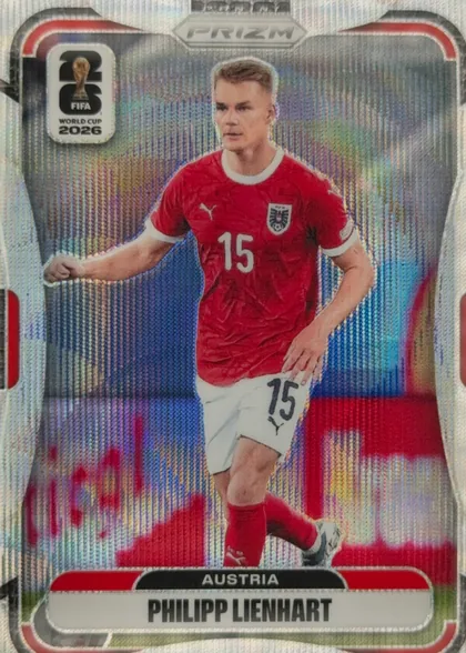 Front of 2026 Panini Prizm FIFA Soccer Cards Philipp Lienhart #151 Prizm, front of a soccer card. A full-body action photo of a player in a red Austria jersey (number 15), white shorts (number 15) and red socks, with a…