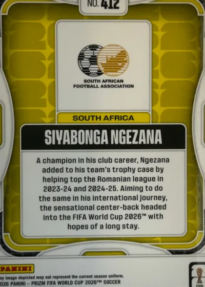 Back of 2026 Panini Prizm FIFA Soccer Cards Siyabonga Ngezana #412, upright portrait-format card back. A gold and olive patterned field is framed by layered white and black borders. Card number “No. 412” appears at…