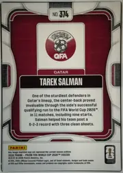 Back of 2026 Panini Prizm FIFA Soccer Cards TAREK SALMAN #374, upright portrait-oriented card back. Card number “NO. 374” is centered near the top. A QFA crest appears in a white central panel above the team…