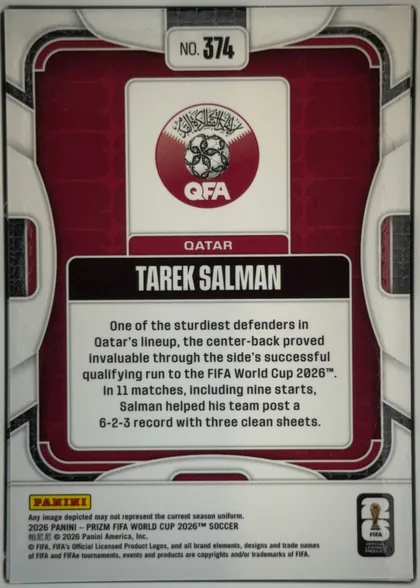 Back of 2026 Panini Prizm FIFA Soccer Cards TAREK SALMAN #374, upright portrait-oriented card back. Card number “NO. 374” is centered near the top. A QFA crest appears in a white central panel above the team…