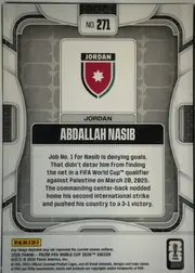Back of 2026 Panini Prizm FIFA World Cup Soccer Abdallah Nasib #271, upright portrait-oriented card back. A centered top label reads "NO. 271". The upper central panel shows the Jordan crest with "JORDAN" above and…