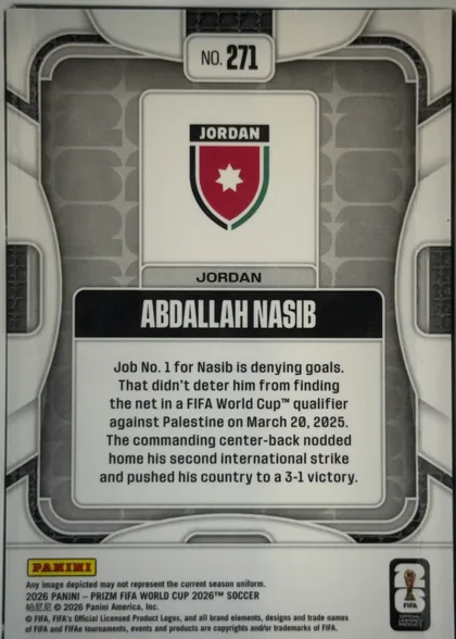 Back of 2026 Panini Prizm FIFA World Cup Soccer Abdallah Nasib #271, upright portrait-oriented card back. A centered top label reads "NO. 271". The upper central panel shows the Jordan crest with "JORDAN" above and…