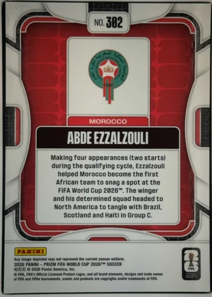 Back of 2026 Panini Prizm FIFA World Cup Soccer ABDE EZZALZOULI #302, upright portrait-oriented card back. A white and black geometric outer frame surrounds a red patterned central panel. Near the top is a white…